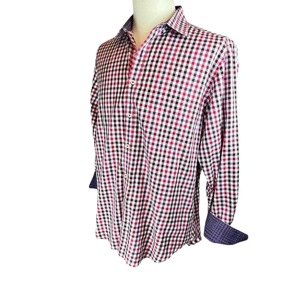 ROBERT GRAHAM Red Checked Gingham Shirt Men's Sz L‎ Fold Back Cuffs Long Sleeve - Picture 2 of 14